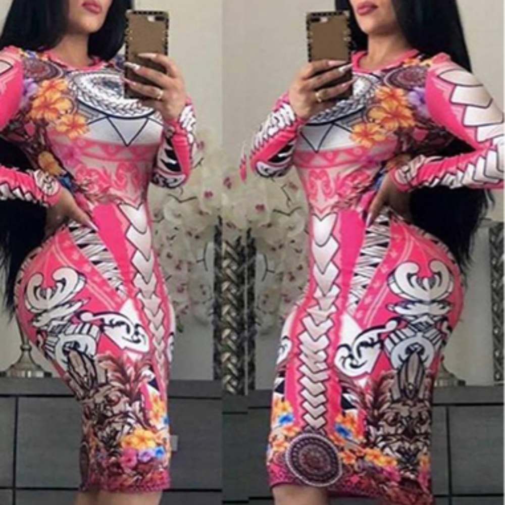 WMNS Apron Design Printed Long Sleeve Midi Dress